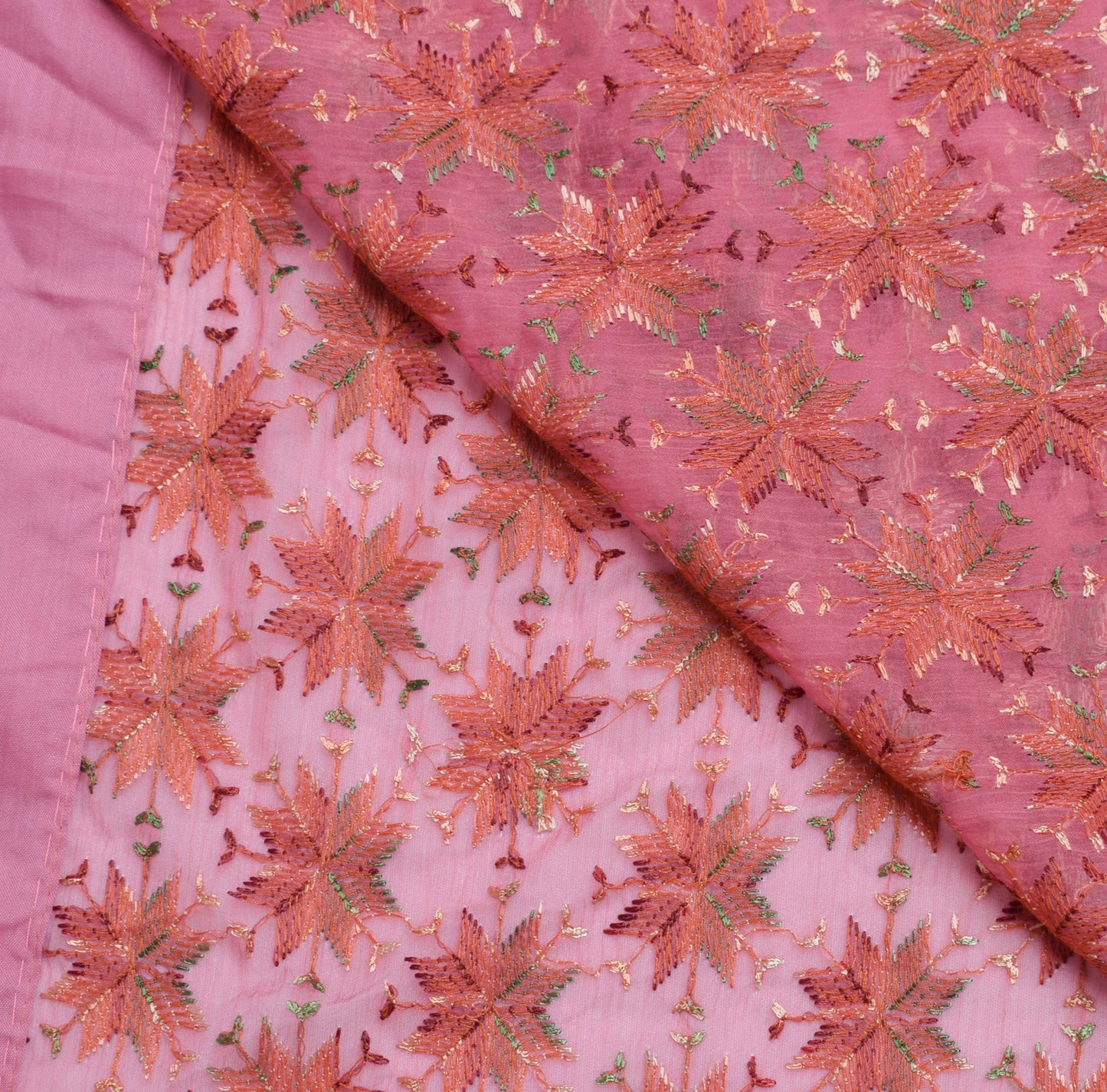 Sushila Vintage Pink Saree Blend Chiffon Phulkari Embroidered Floral Sari Fabric