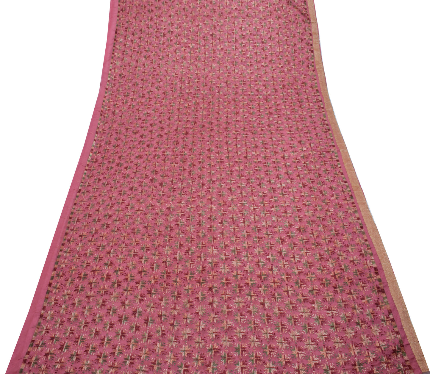 Sushila Vintage Pink Saree Blend Chiffon Phulkari Embroidered Floral Sari Fabric