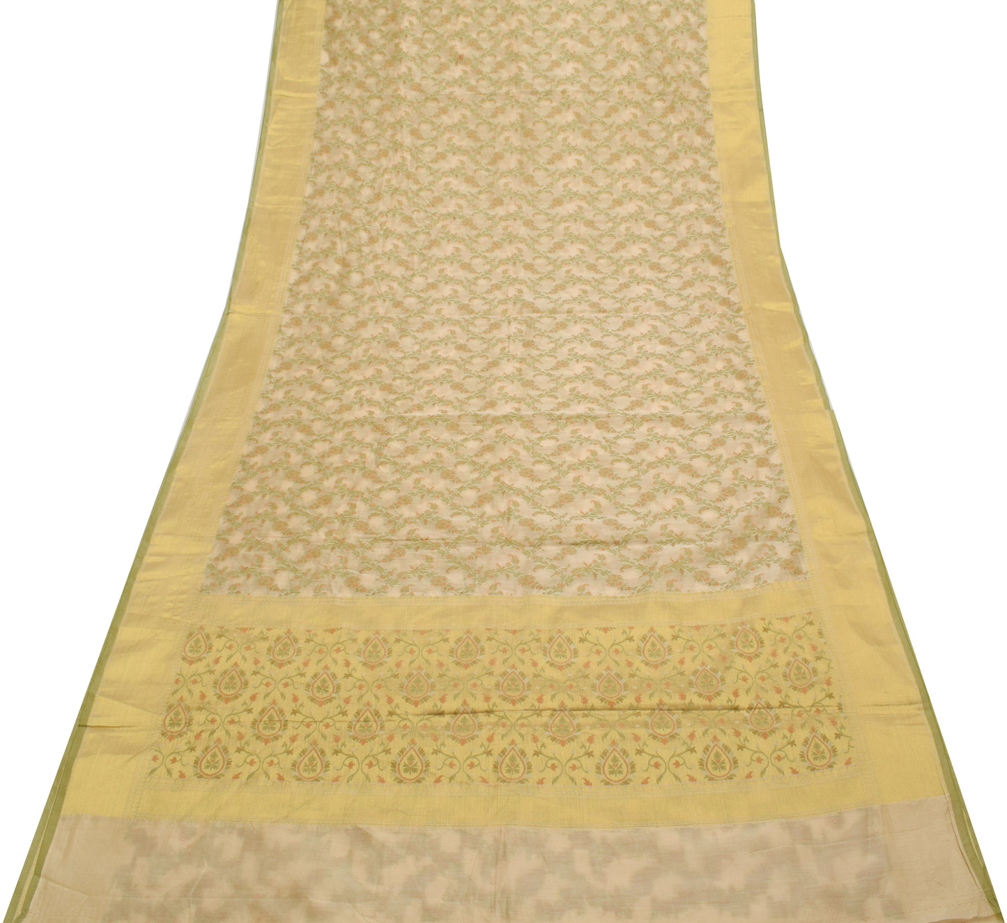 Sushila Vintage Cream Saree Blend Silk All Over Woven Floral Sari Craft Fabric