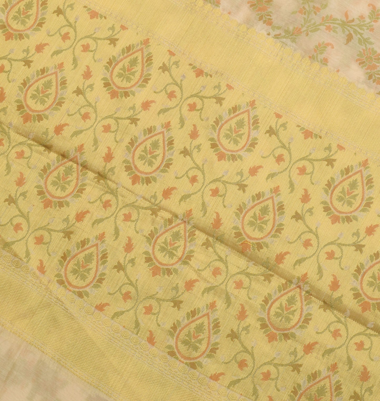 Sushila Vintage Cream Saree Blend Silk All Over Woven Floral Sari Craft Fabric