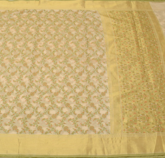 Sushila Vintage Cream Saree Blend Silk All Over Woven Floral Sari Craft Fabric