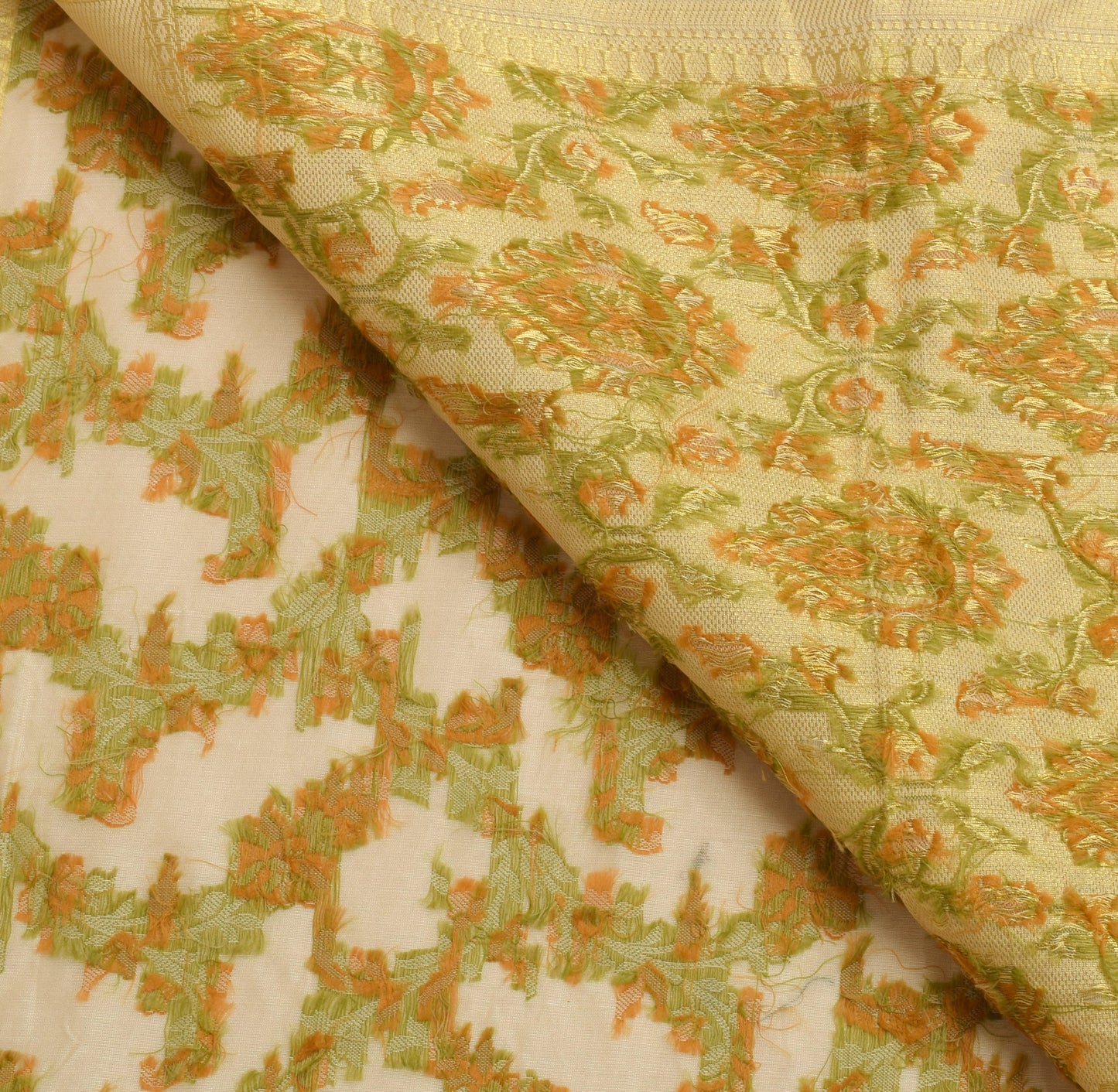Sushila Vintage Cream Saree Blend Silk All Over Woven Floral Sari Craft Fabric