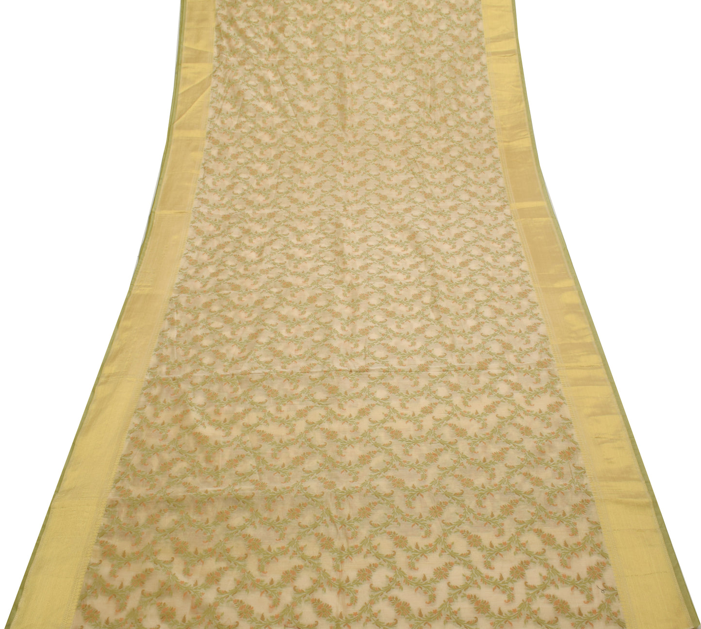 Sushila Vintage Cream Saree Blend Silk All Over Woven Floral Sari Craft Fabric