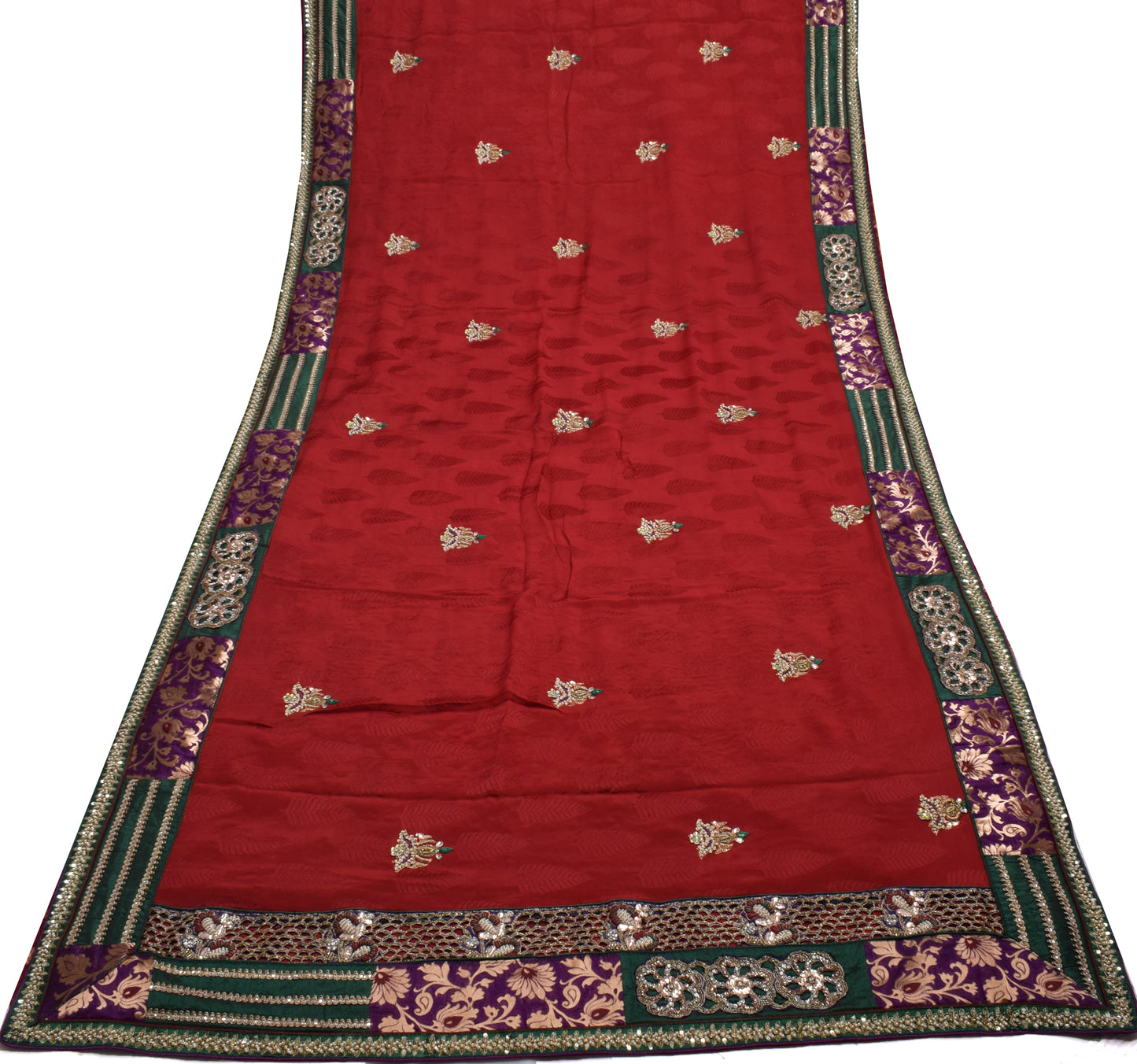 Sushila Vintage Red HEAVY Saree 100% Pure Georgette Silk Hand Beaded Sari Fabric
