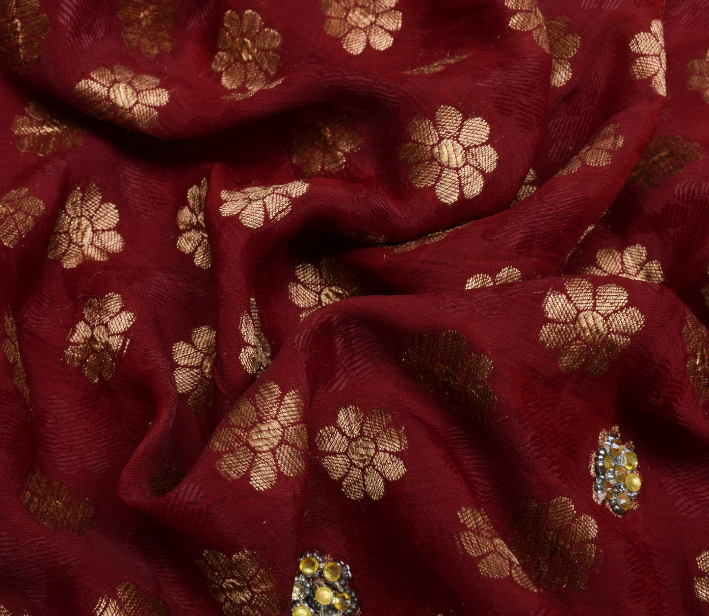 Sushila Vintage Red HEAVY Saree 100% Pure Georgette Silk Hand Beaded Sari Fabric