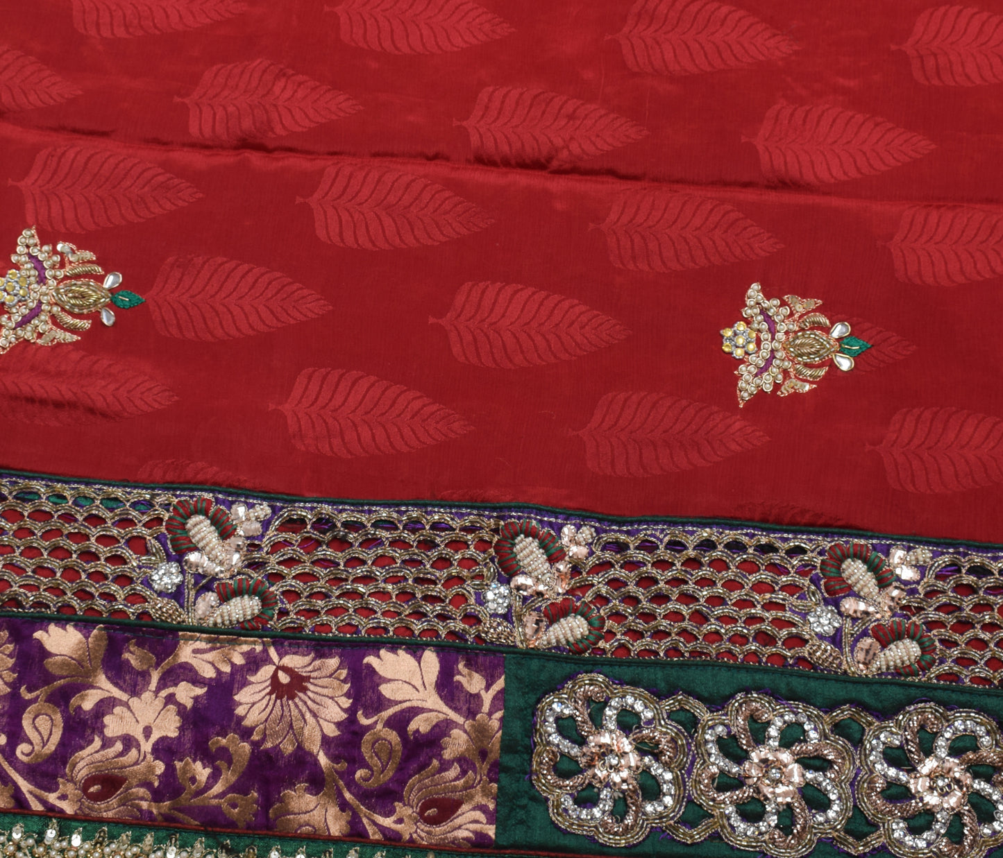 Sushila Vintage Red HEAVY Saree 100% Pure Georgette Silk Hand Beaded Sari Fabric