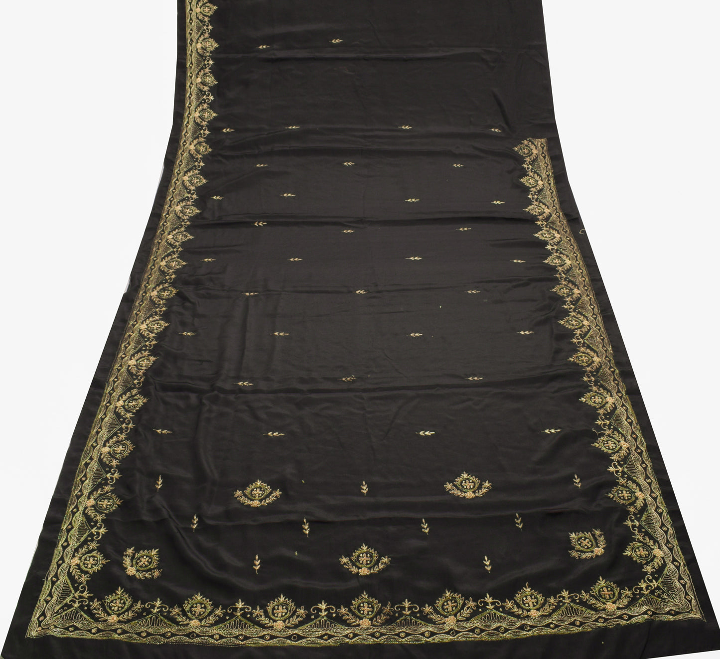 Sushila Vintage Black Saree Blend Crepe Silk Hand Beaded Floral 5 YD Sari Fabric