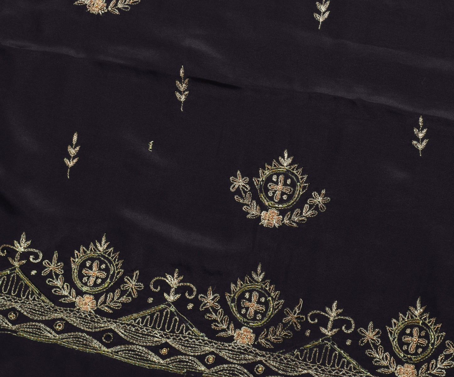 Sushila Vintage Black Saree Blend Crepe Silk Hand Beaded Floral 5 YD Sari Fabric