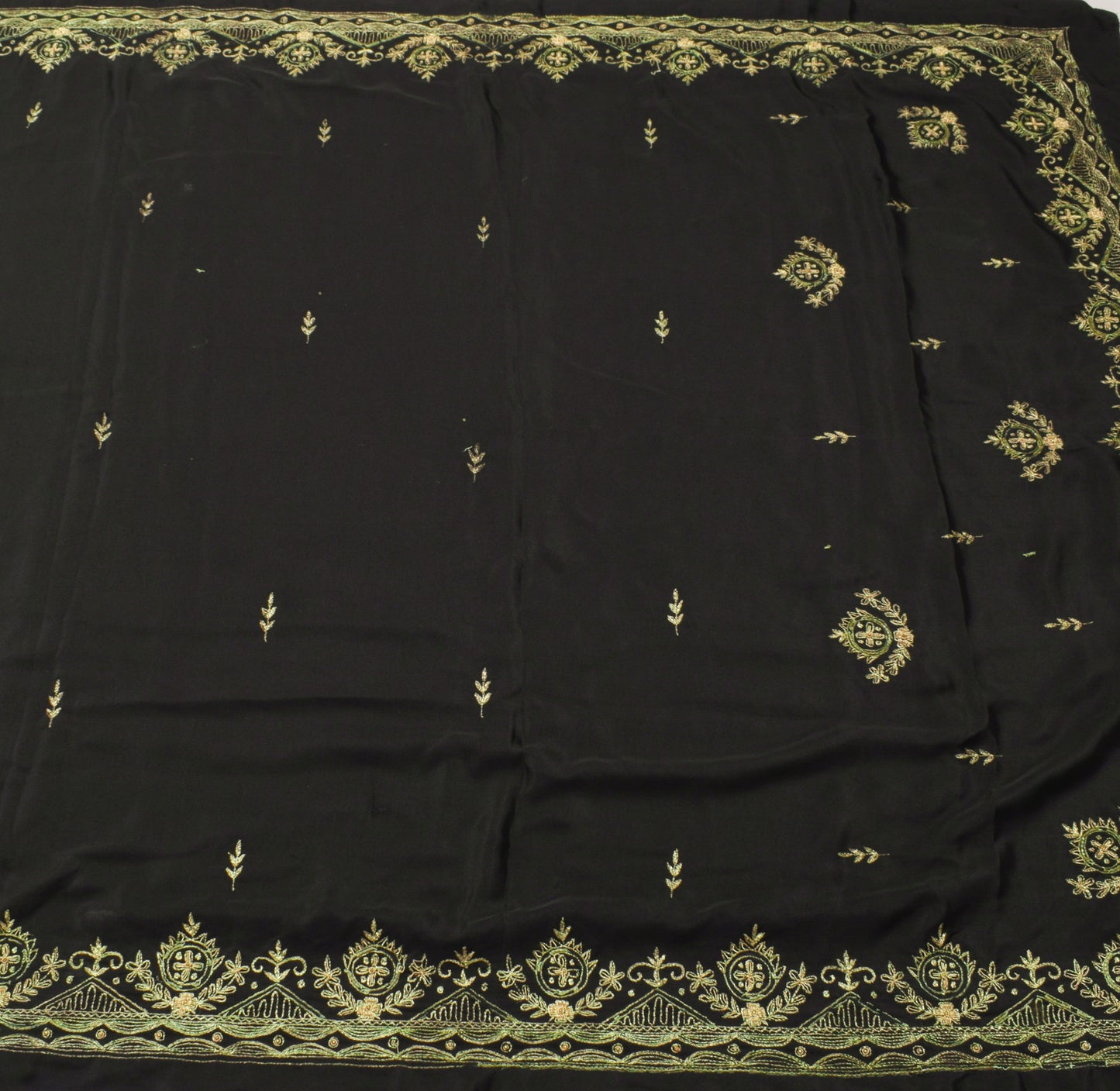 Sushila Vintage Black Saree Blend Crepe Silk Hand Beaded Floral 5 YD Sari Fabric