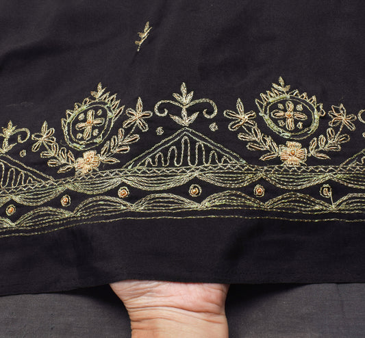 Sushila Vintage Black Saree Blend Crepe Silk Hand Beaded Floral 5 YD Sari Fabric