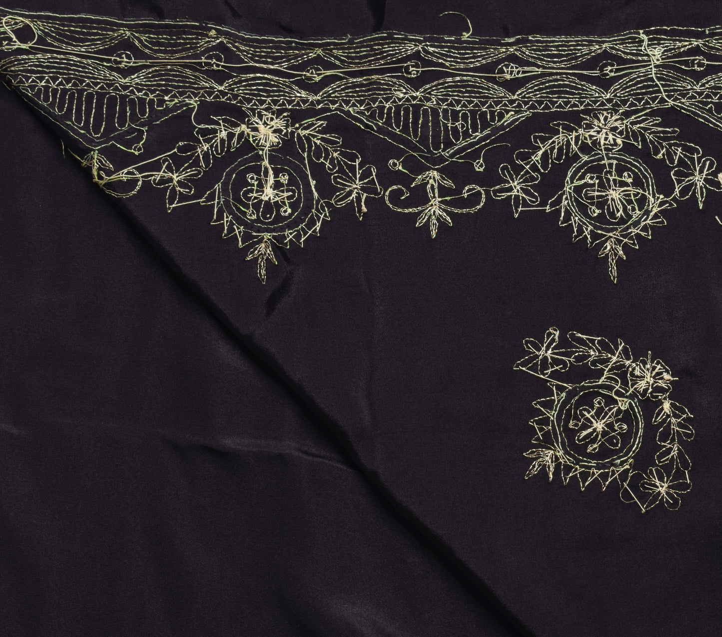 Sushila Vintage Black Saree Blend Crepe Silk Hand Beaded Floral 5 YD Sari Fabric