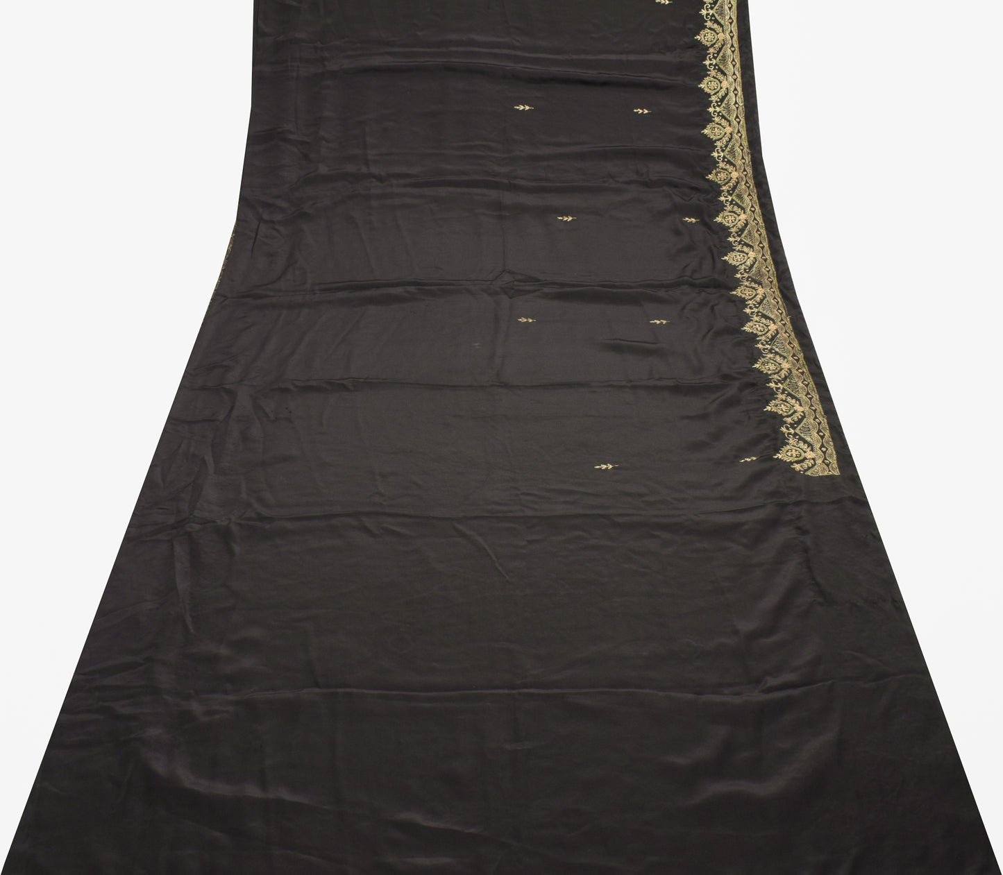 Sushila Vintage Black Saree Blend Crepe Silk Hand Beaded Floral 5 YD Sari Fabric