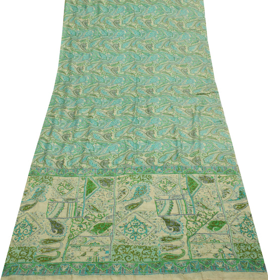 Sushila Vintage Cream Saree 100% Pure Silk Printed Paisley Sari 5YD Craft Fabric