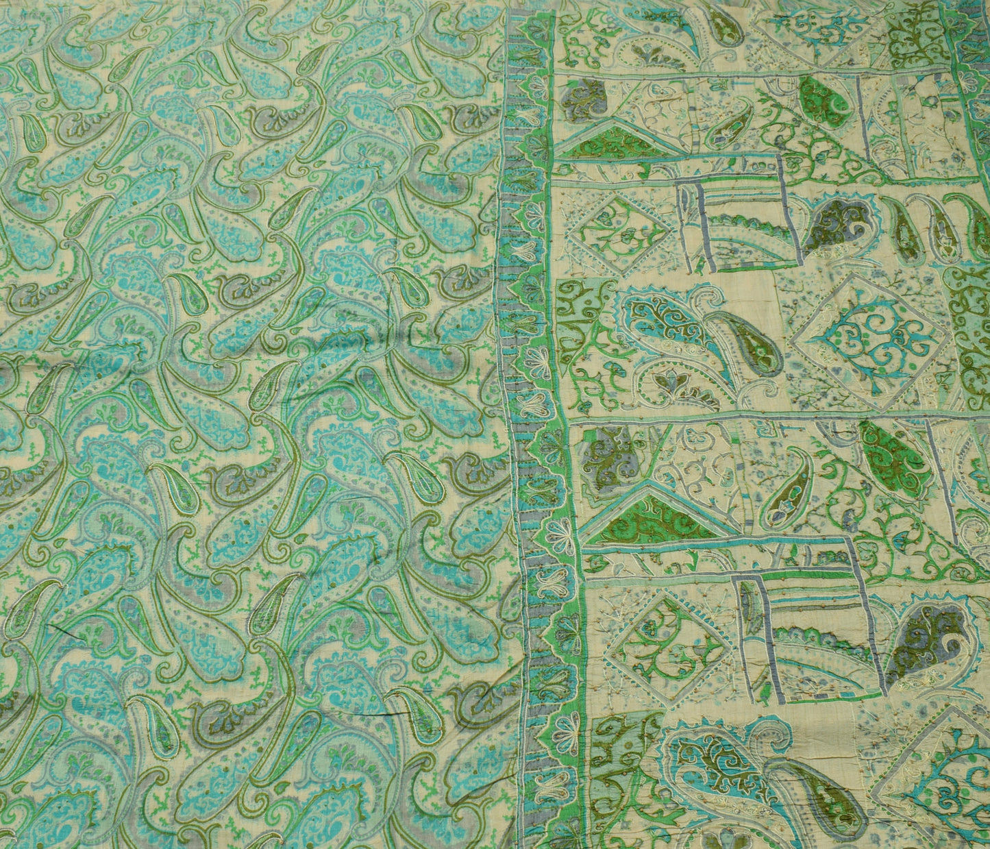Sushila Vintage Cream Saree 100% Pure Silk Printed Paisley Sari 5YD Craft Fabric