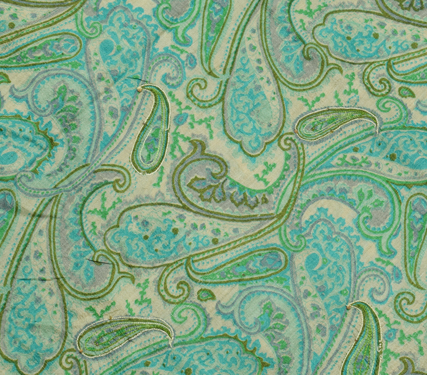 Sushila Vintage Cream Saree 100% Pure Silk Printed Paisley Sari 5YD Craft Fabric