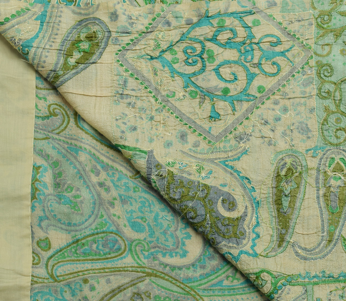 Sushila Vintage Cream Saree 100% Pure Silk Printed Paisley Sari 5YD Craft Fabric