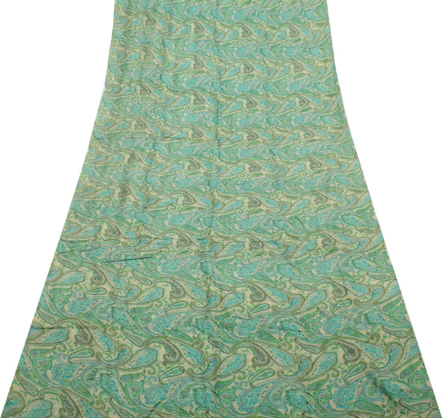 Sushila Vintage Cream Saree 100% Pure Silk Printed Paisley Sari 5YD Craft Fabric