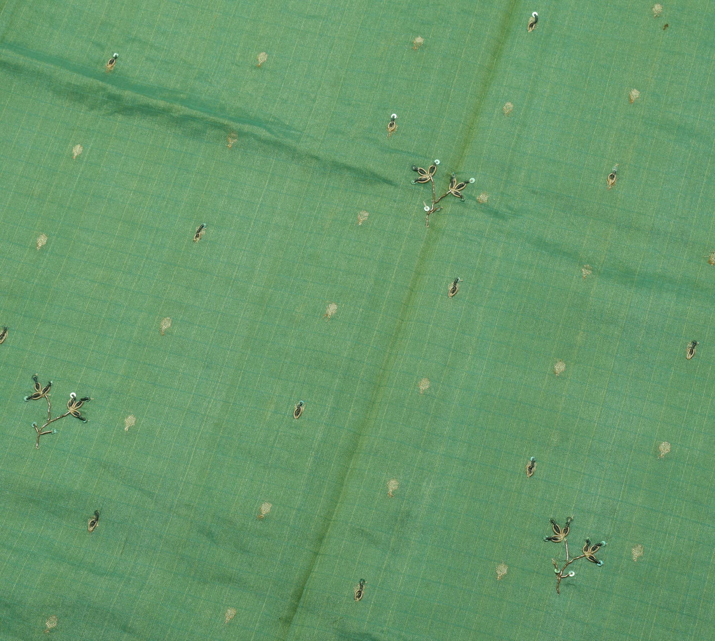 Sushila Vintage Green Saree 100% Pure Silk Hand Beaded Floral Sari Craft Fabric