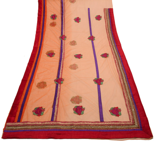 Sushila Vintage Orange Applique Patch Work Saree Net Mesh Floral Craft Fabric