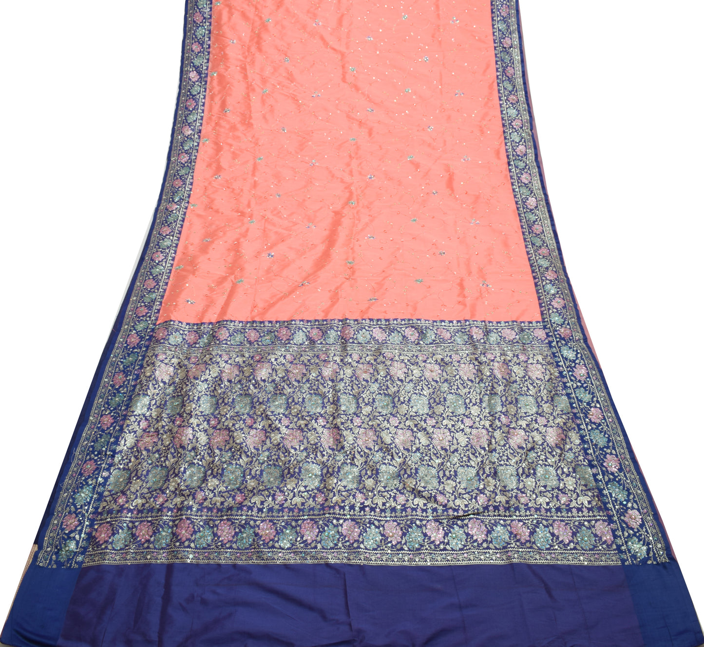 Sushila Vintage Peach Indian Saree Art Silk Hand Beaded Floral Sari Craft Fabric