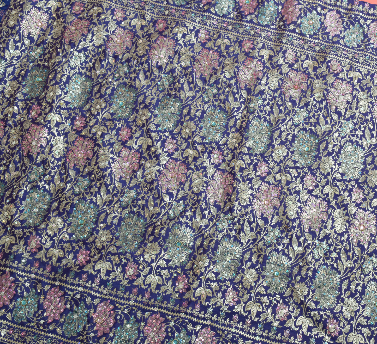 Sushila Vintage Peach Indian Saree Art Silk Hand Beaded Floral Sari Craft Fabric
