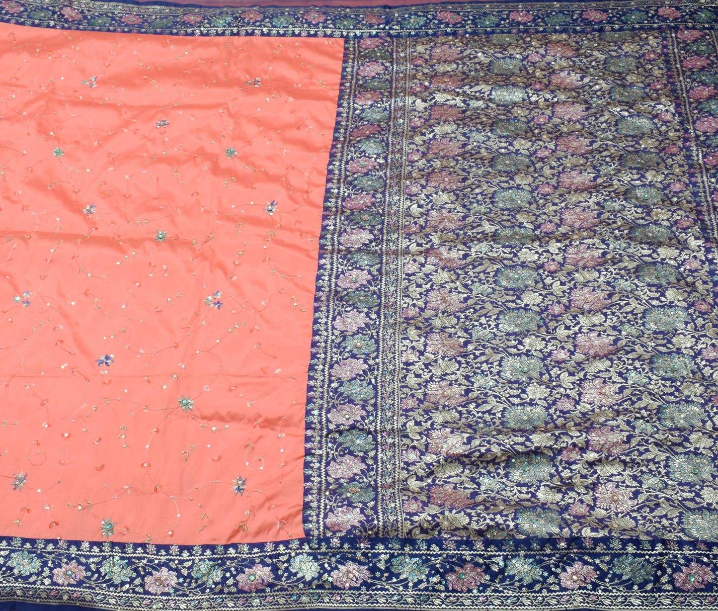 Sushila Vintage Peach Indian Saree Art Silk Hand Beaded Floral Sari Craft Fabric