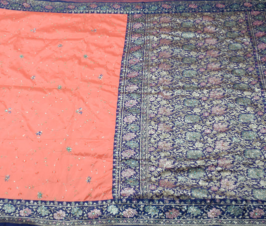 Sushila Vintage Peach Indian Saree Art Silk Hand Beaded Floral Sari Craft Fabric