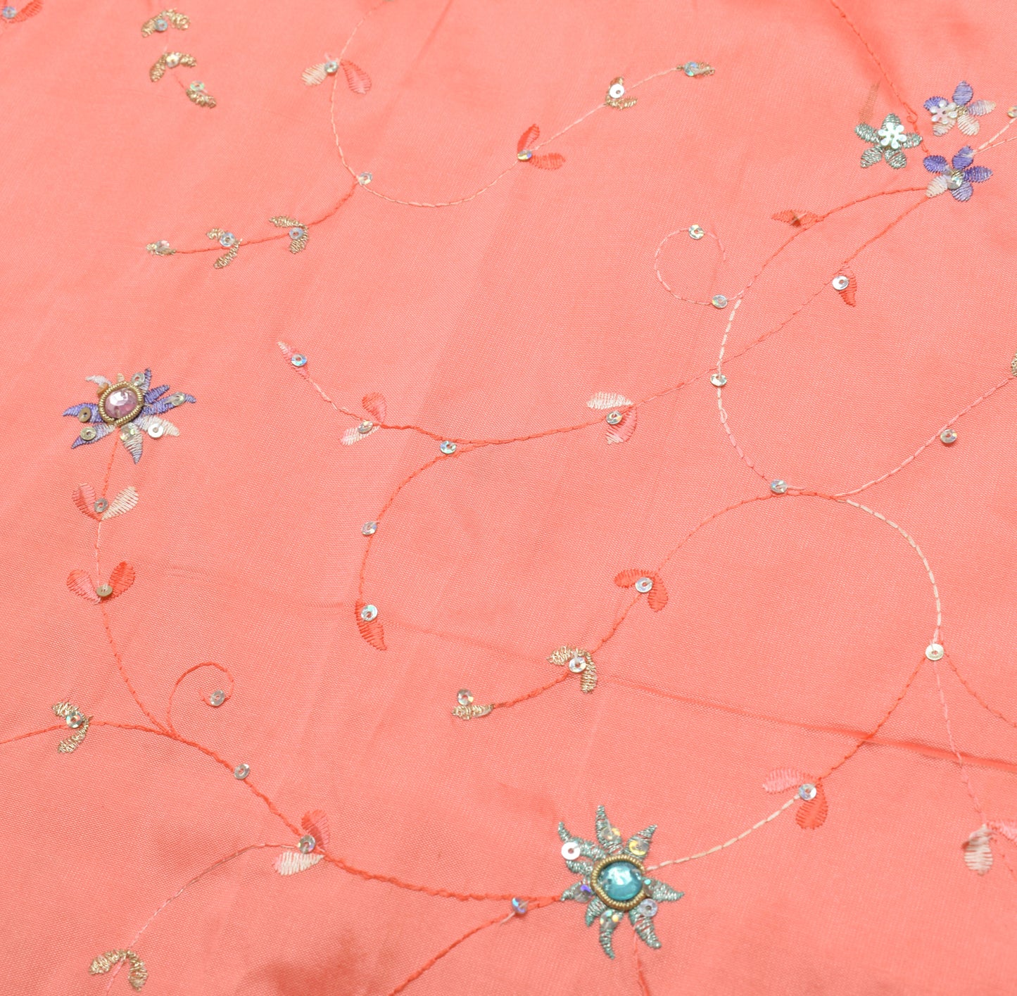 Sushila Vintage Peach Indian Saree Art Silk Hand Beaded Floral Sari Craft Fabric