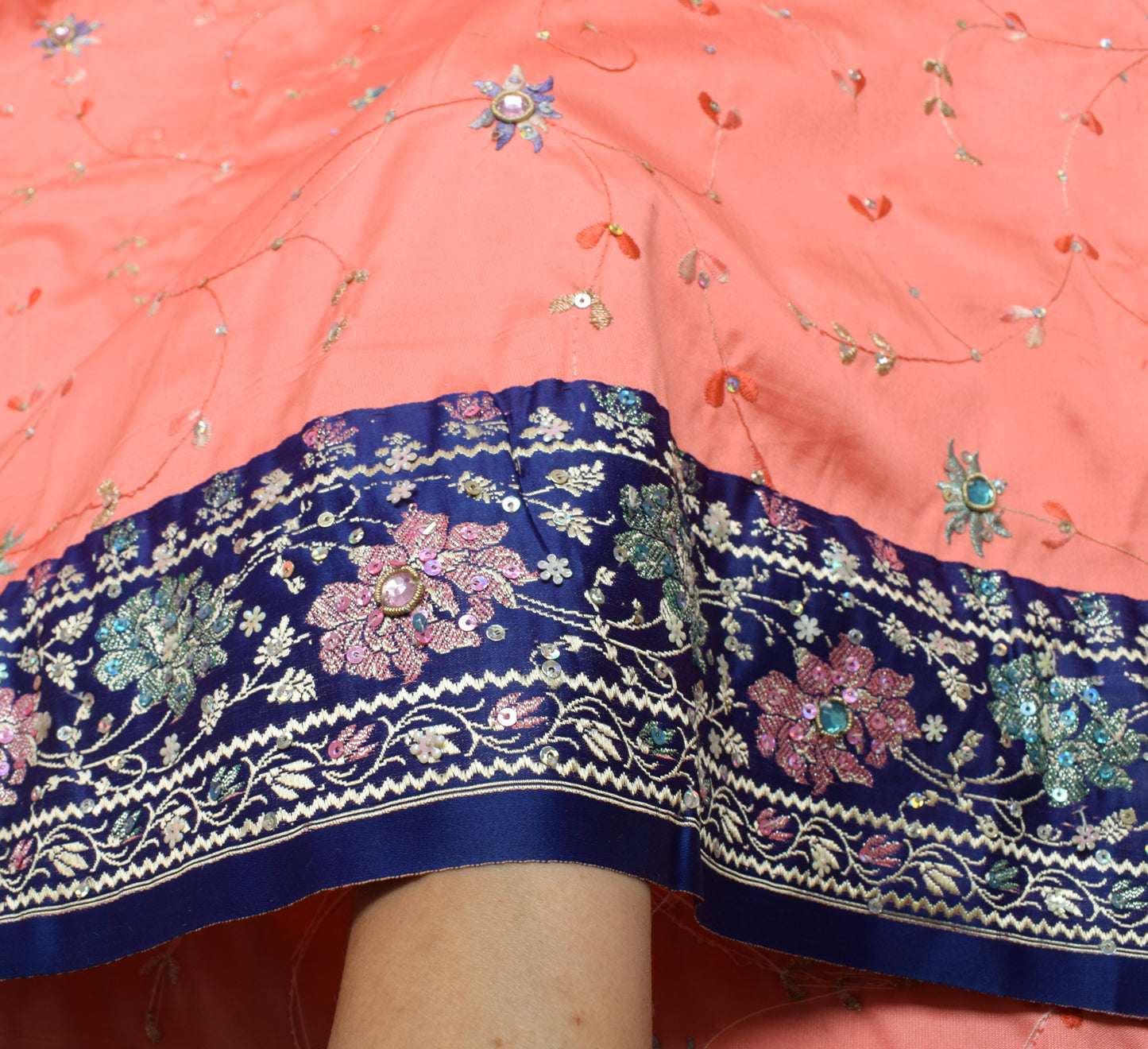 Sushila Vintage Peach Indian Saree Art Silk Hand Beaded Floral Sari Craft Fabric