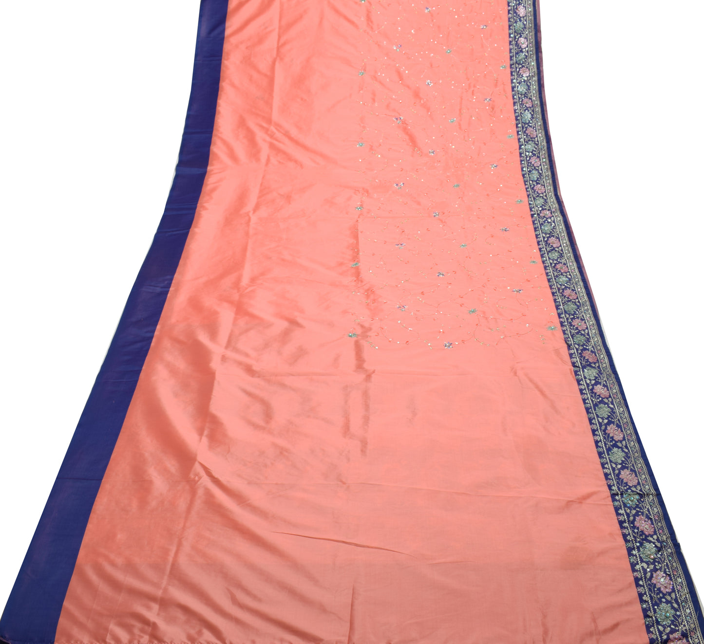 Sushila Vintage Peach Indian Saree Art Silk Hand Beaded Floral Sari Craft Fabric