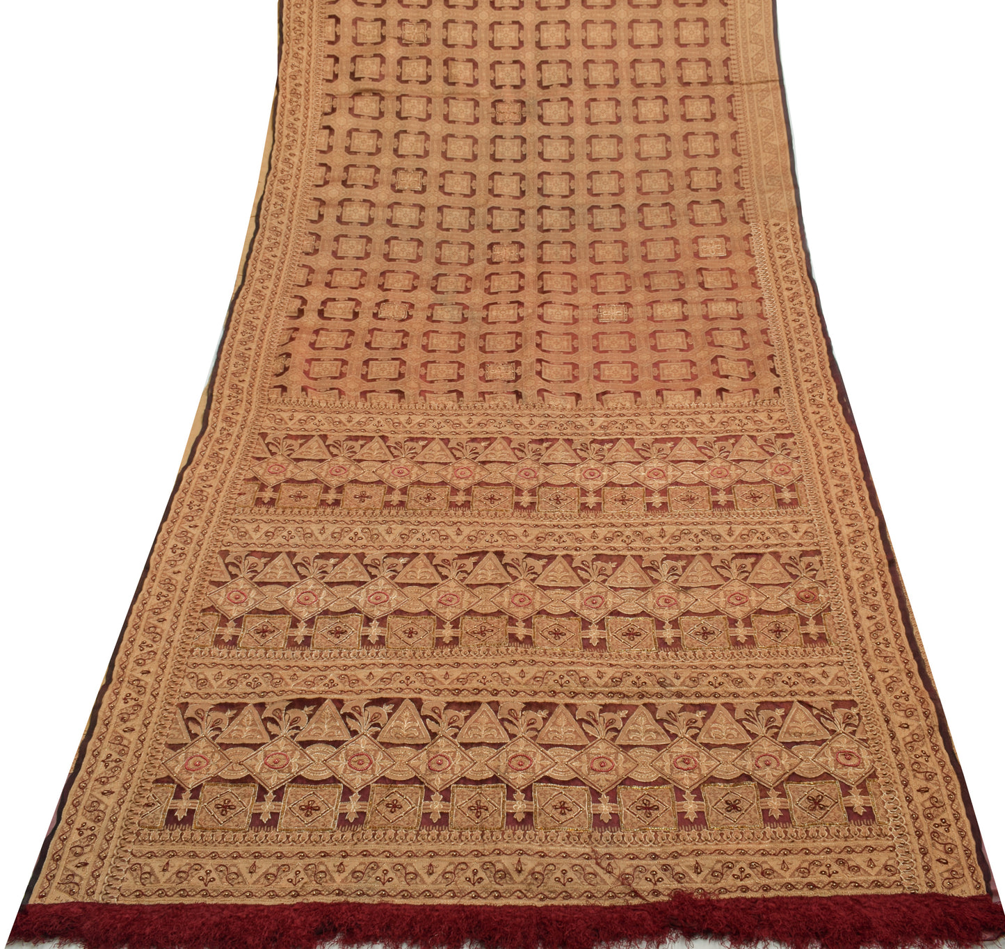 Sushila Vintage Maroon Saree 100% Pure Organza Silk Woven Floral 5YD Sari Fabric