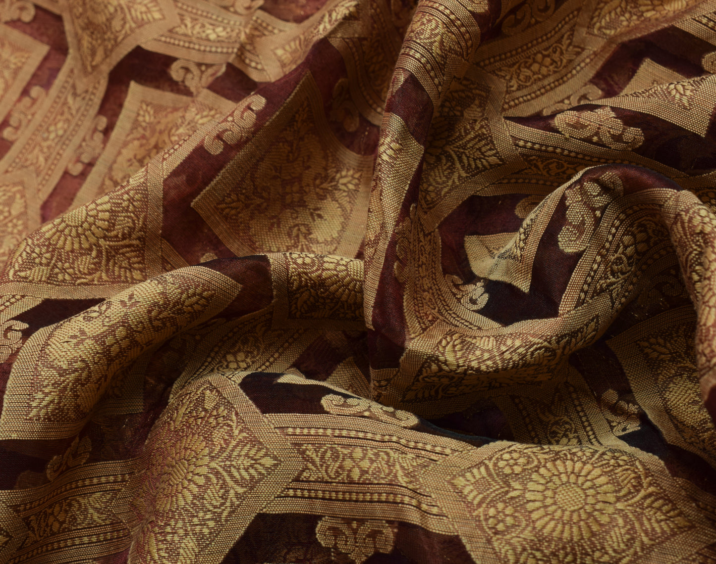 Sushila Vintage Maroon Saree 100% Pure Organza Silk Woven Floral 5YD Sari Fabric