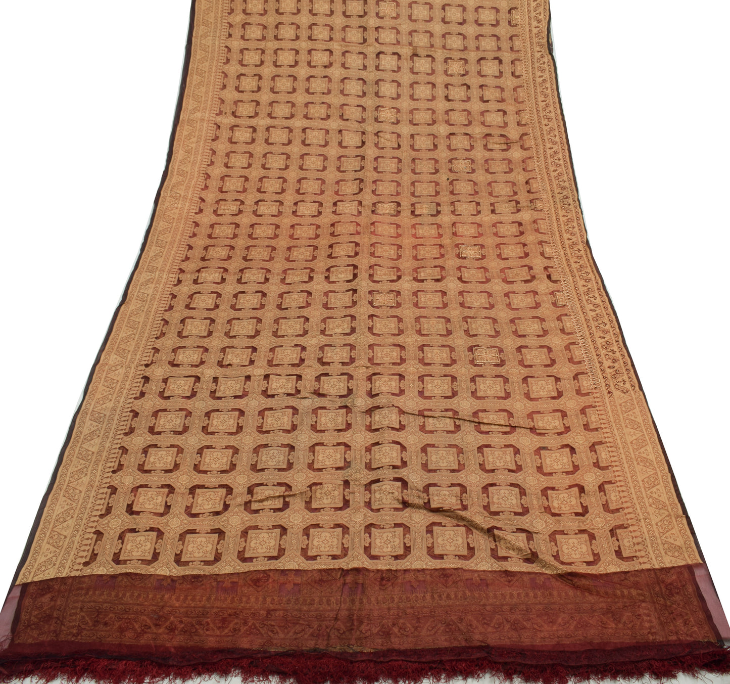 Sushila Vintage Maroon Saree 100% Pure Organza Silk Woven Floral 5YD Sari Fabric