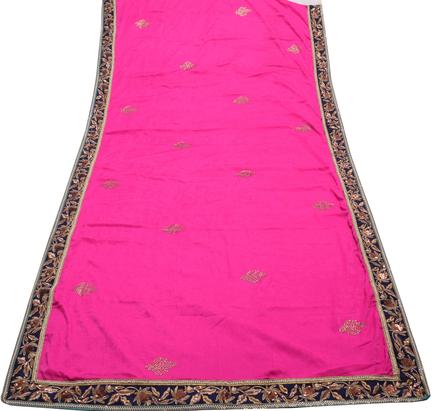 Sushila Vintage Fuchsia Pink Saree Velvet & Net Embroidered Floral Sari Fabric