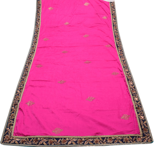 Sushila Vintage Fuchsia Pink Saree Velvet & Net Embroidered Floral Sari Fabric