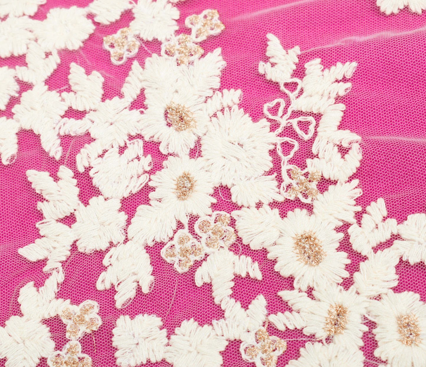 Sushila Vintage Fuchsia Pink Saree Velvet & Net Embroidered Floral Sari Fabric