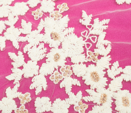 Sushila Vintage Fuchsia Pink Saree Velvet & Net Embroidered Floral Sari Fabric