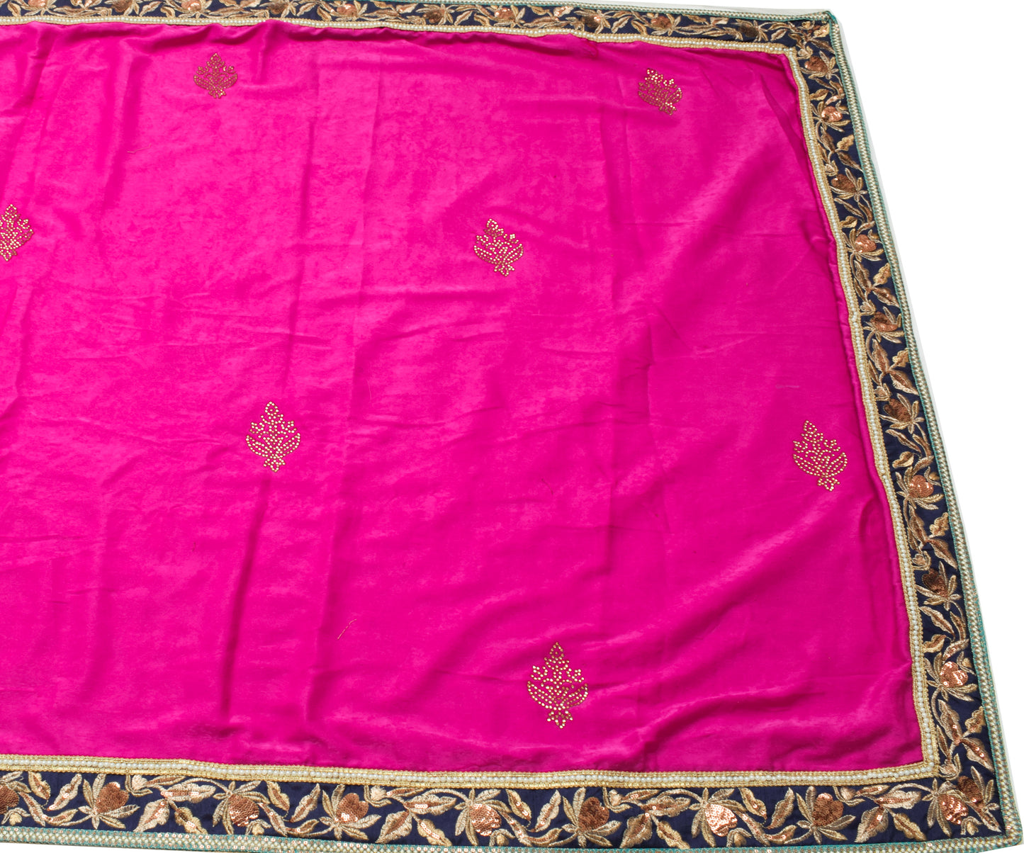 Sushila Vintage Fuchsia Pink Saree Velvet & Net Embroidered Floral Sari Fabric