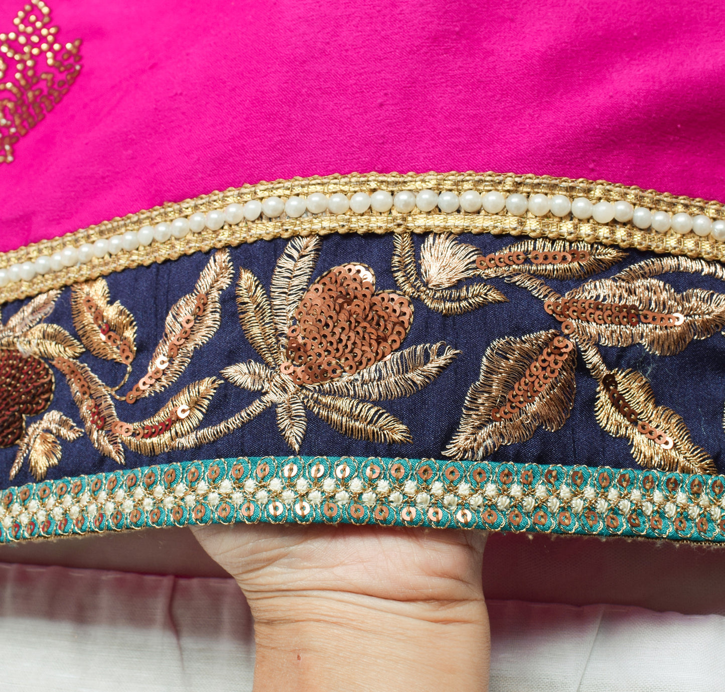 Sushila Vintage Fuchsia Pink Saree Velvet & Net Embroidered Floral Sari Fabric