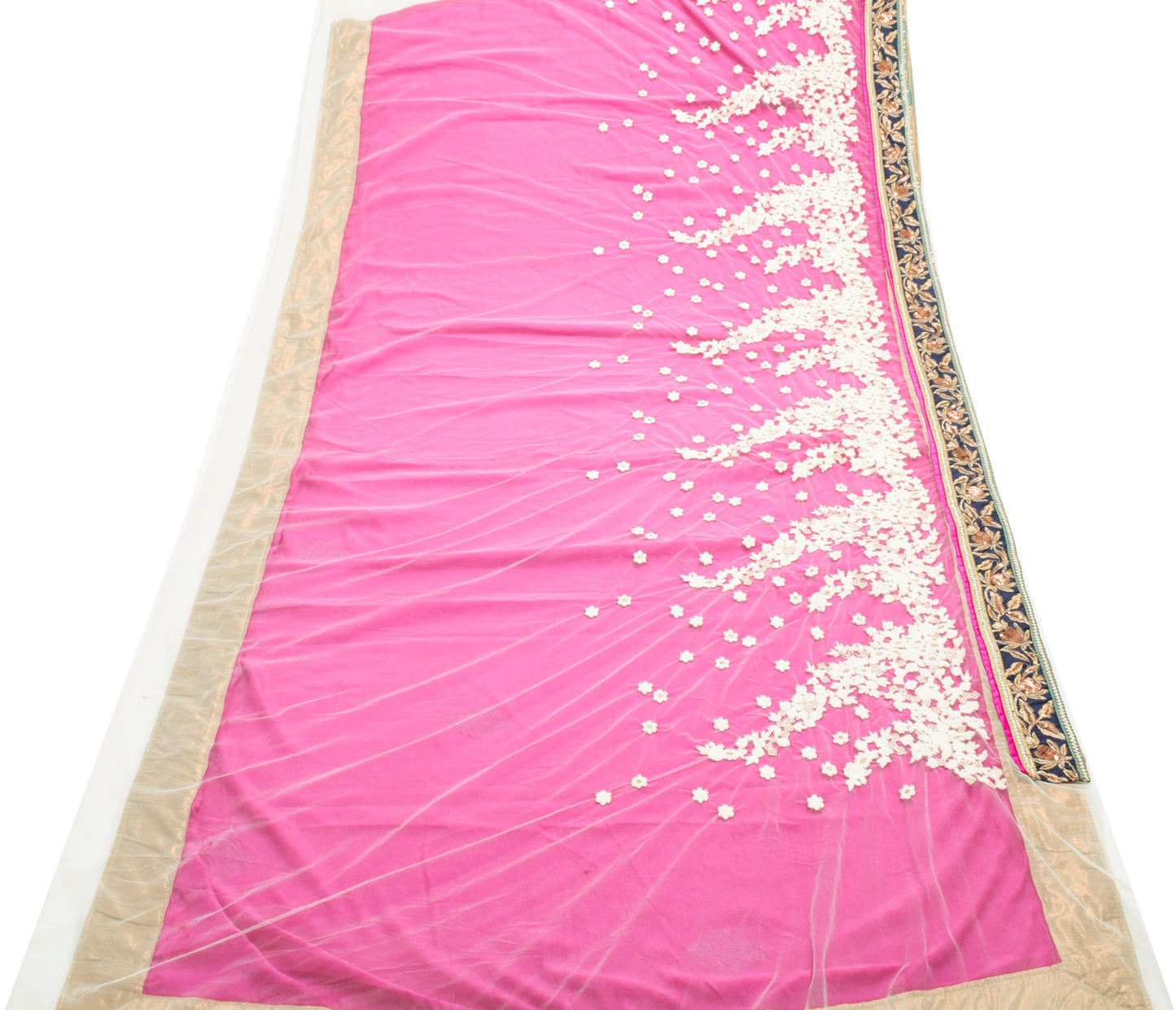 Sushila Vintage Fuchsia Pink Saree Velvet & Net Embroidered Floral Sari Fabric