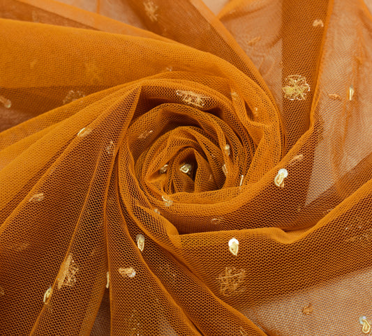 Sushila Vintage Mustard Saree Net Mesh Hand Beaded Zardozi Work Sari 5 YD Fabric