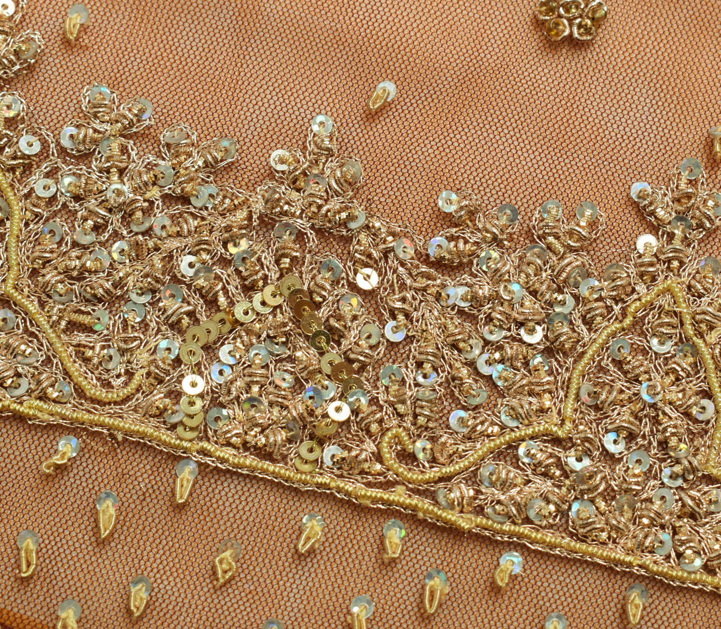 Sushila Vintage Mustard Saree Net Mesh Hand Beaded Zardozi Work Sari 5 YD Fabric