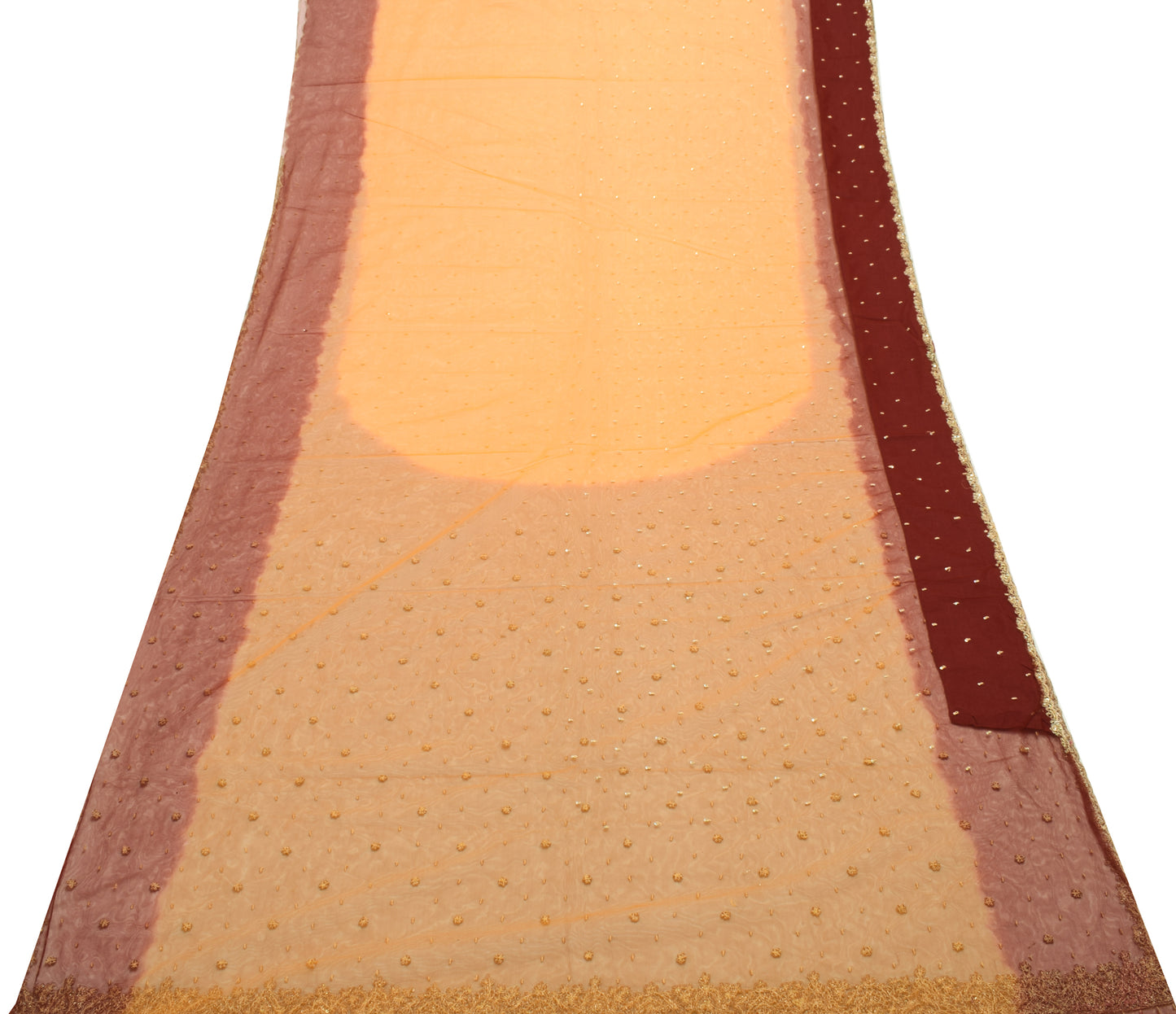 Sushila Vintage Mustard Saree Net Mesh Hand Beaded Zardozi Work Sari 5 YD Fabric