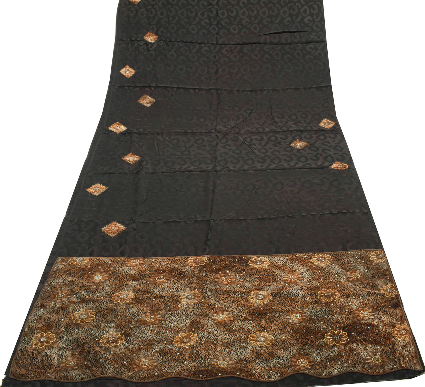 Sushila Vintage Black Saree 100% Pure Crepe Silk Hand Beaded Floral Sari Fabric