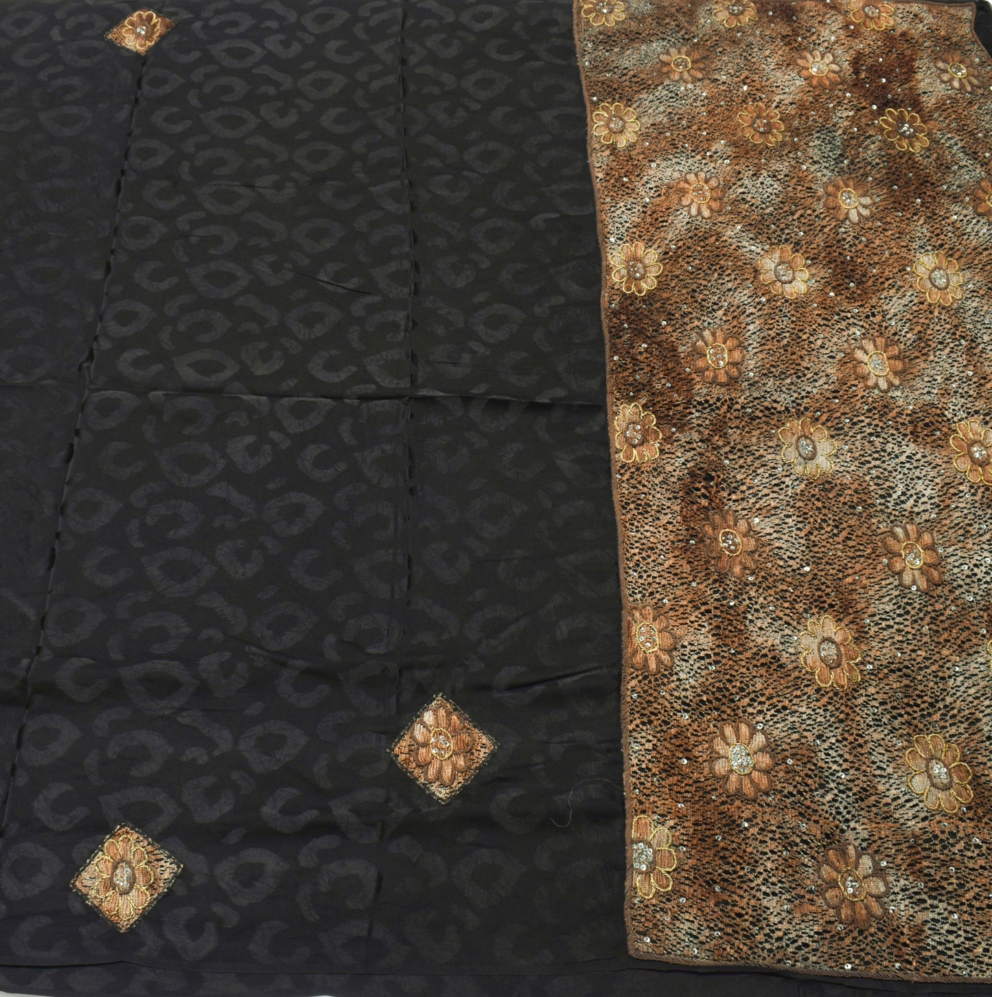 Sushila Vintage Black Saree 100% Pure Crepe Silk Hand Beaded Floral Sari Fabric