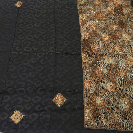 Sushila Vintage Black Saree 100% Pure Crepe Silk Hand Beaded Floral Sari Fabric