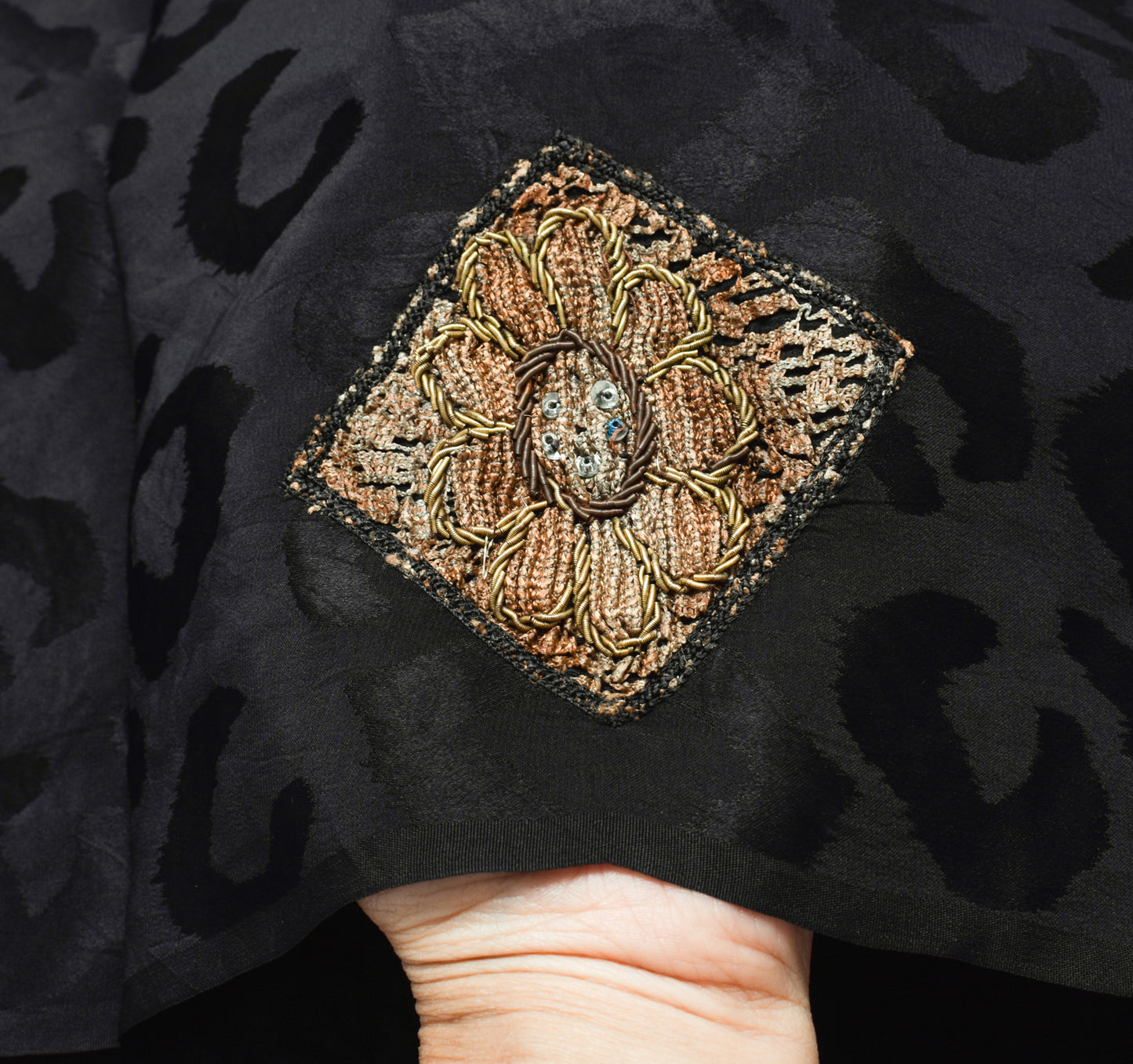 Sushila Vintage Black Saree 100% Pure Crepe Silk Hand Beaded Floral Sari Fabric
