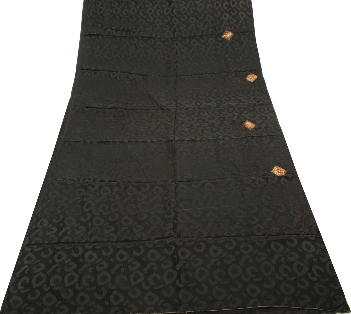 Sushila Vintage Black Saree 100% Pure Crepe Silk Hand Beaded Floral Sari Fabric