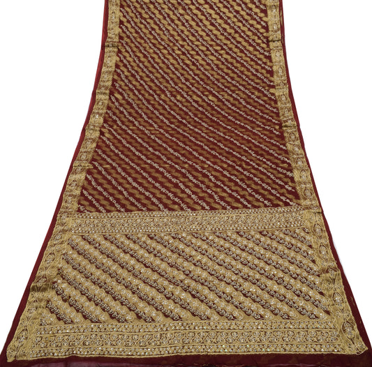 Sushila Vintage Maroon Saree 100% Pure Georgette Silk Hand Beaded Sari Fabric