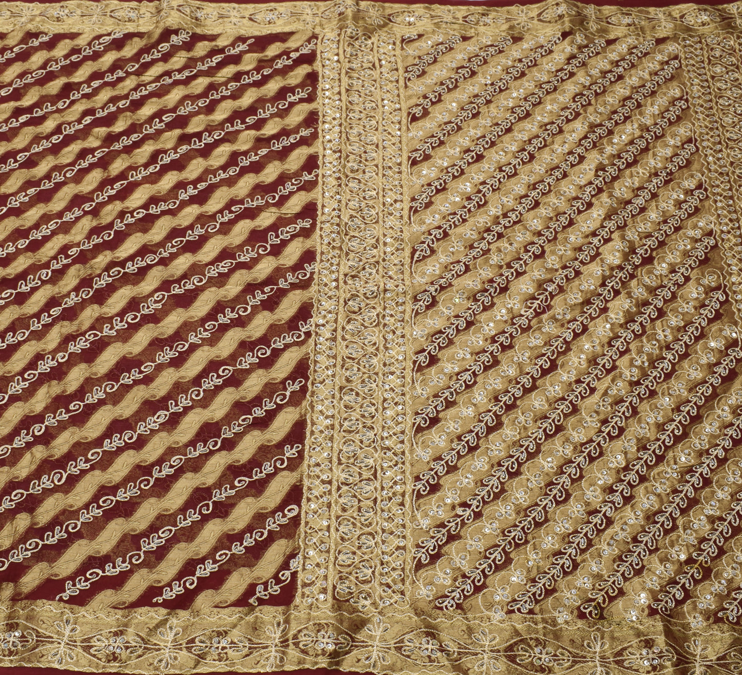 Sushila Vintage Maroon Saree 100% Pure Georgette Silk Hand Beaded Sari Fabric